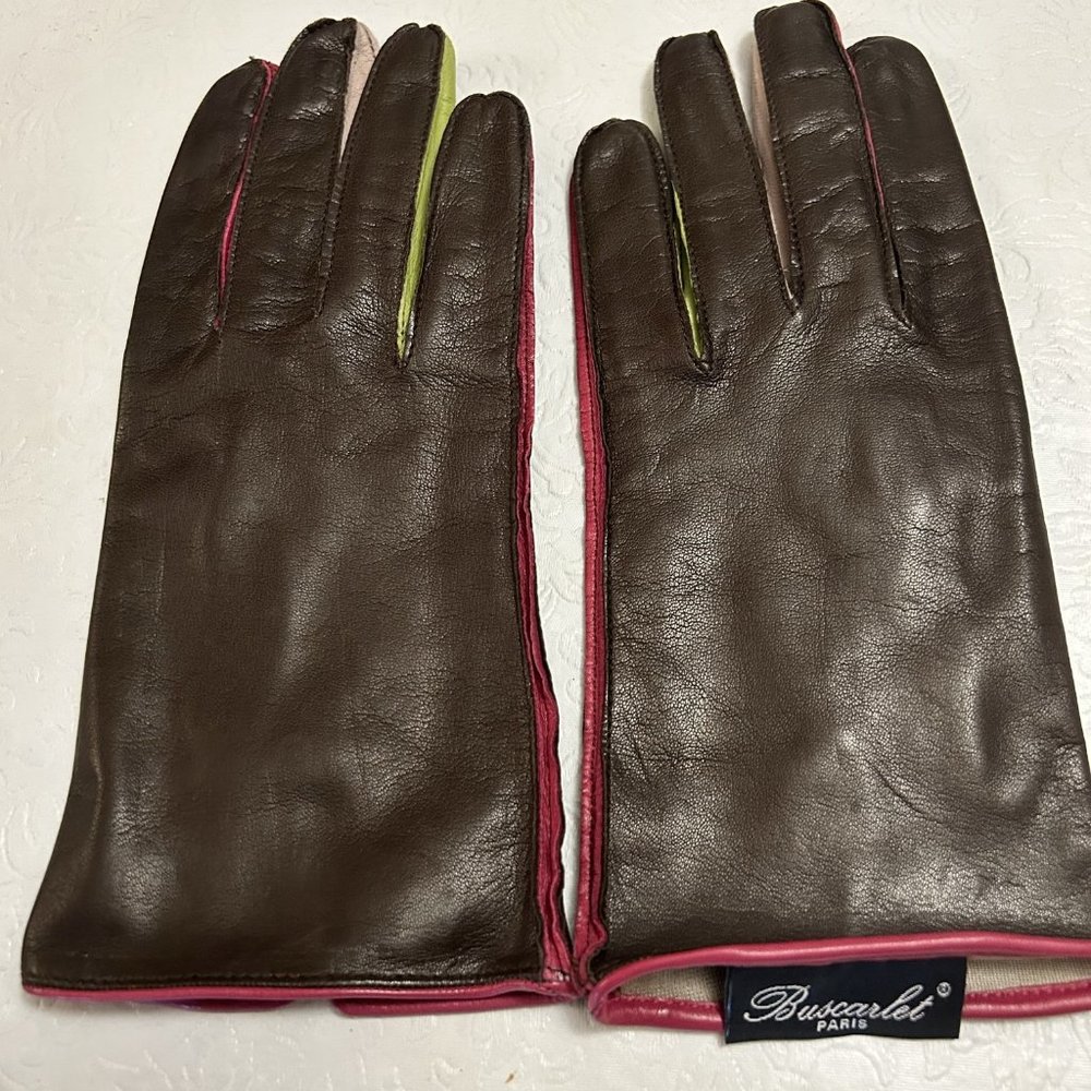 Buscarlet Paris leather gloves - brown with multi color finger sides - size 8